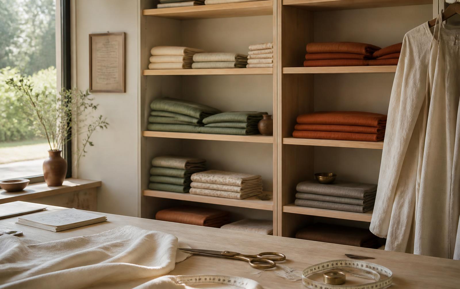 Stacks of folded handloom fabric in the Olive & Yarn atelier