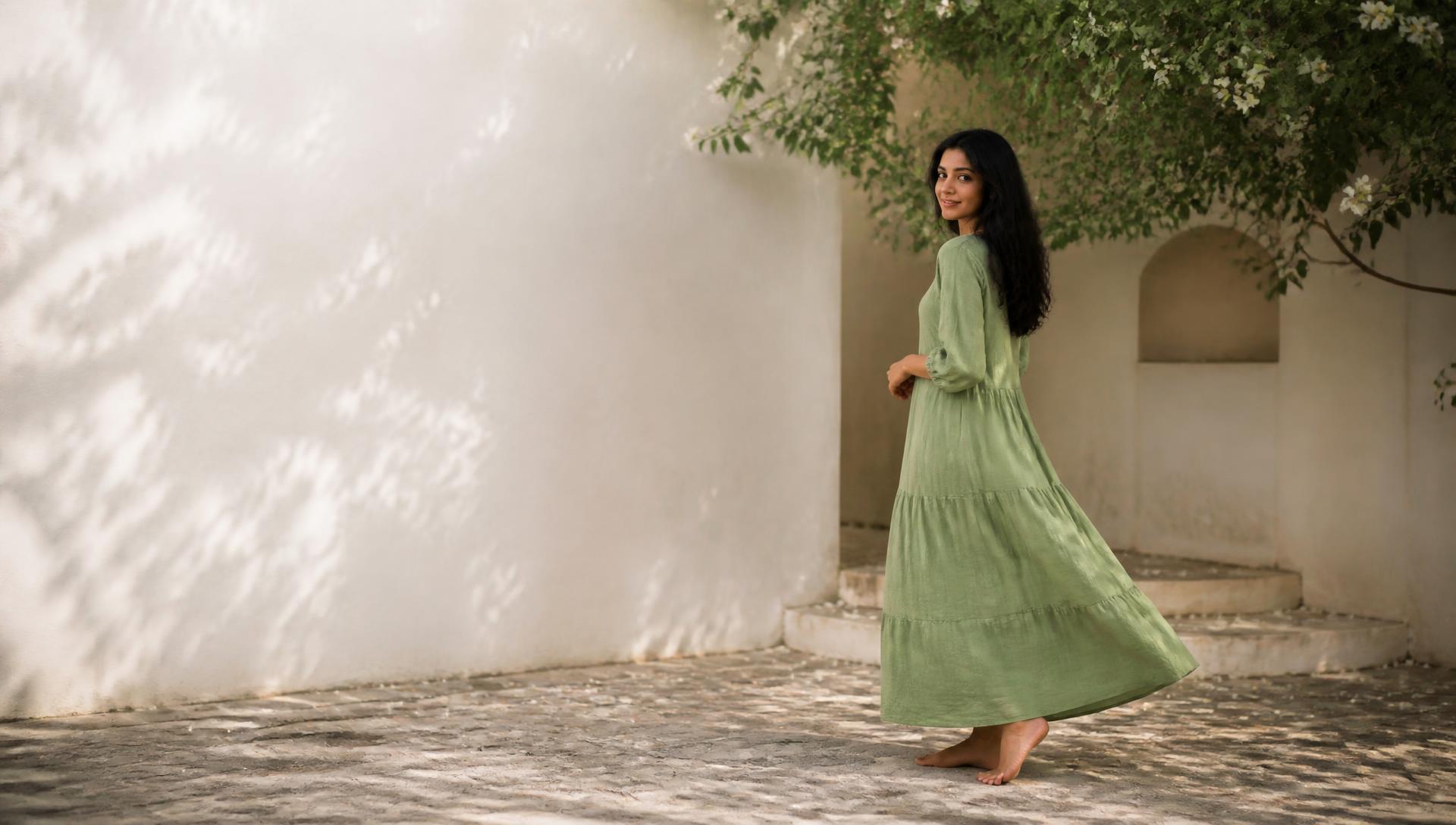 Woman wearing an Olive & Yarn handloom cotton dress in a Madurai courtyard